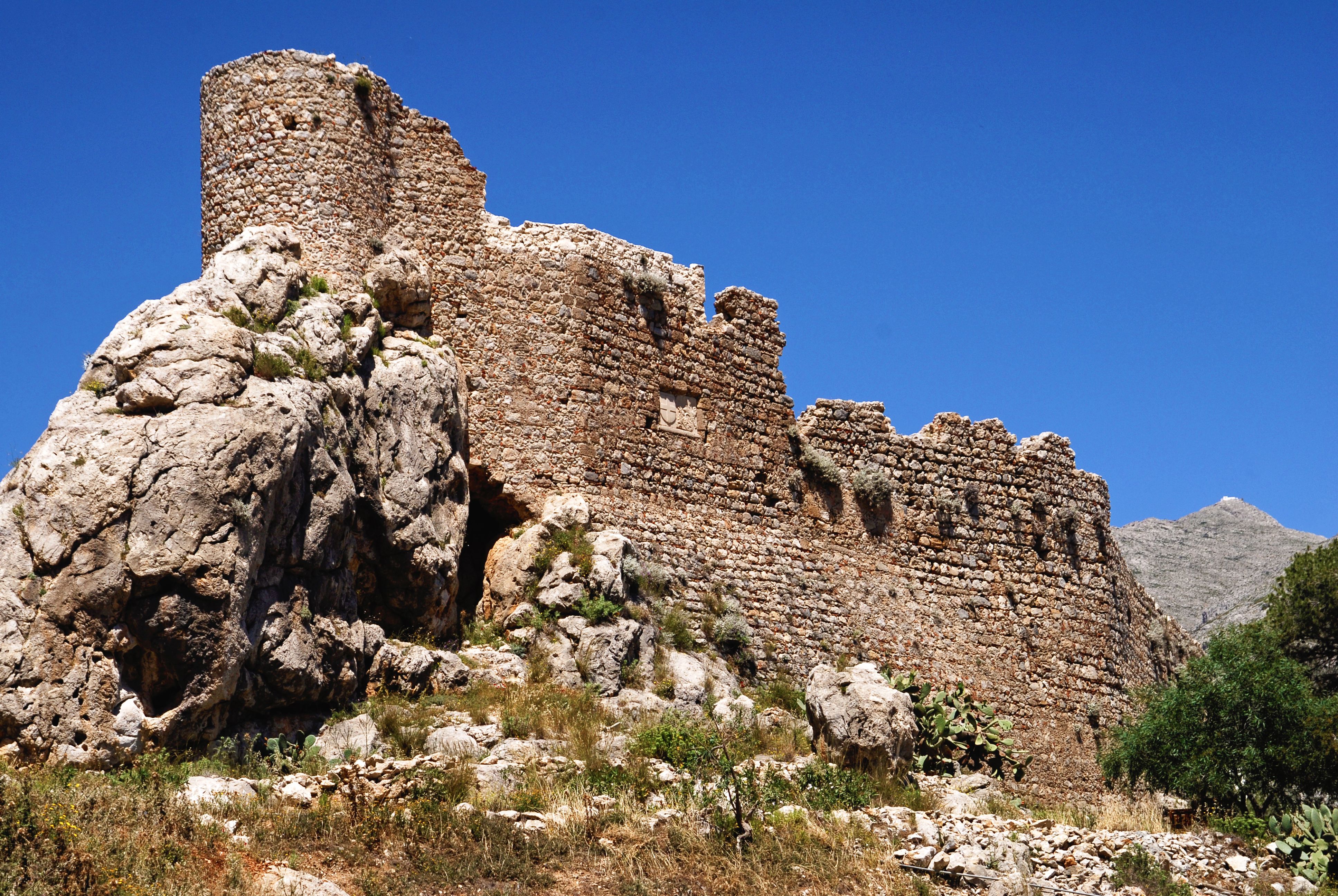 Ruins of the old castle called Chrysocheria castle or Pera Kastro in Pothia town, Kalymnos island, Greece.